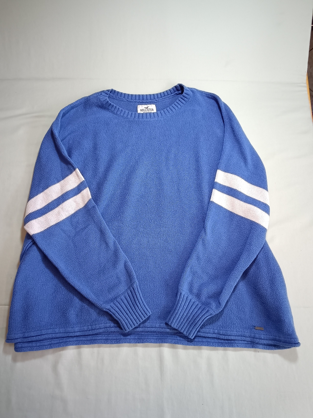 Hollister Y2K Style Blue Crewneck Sweater with White Sleeve Stripes
